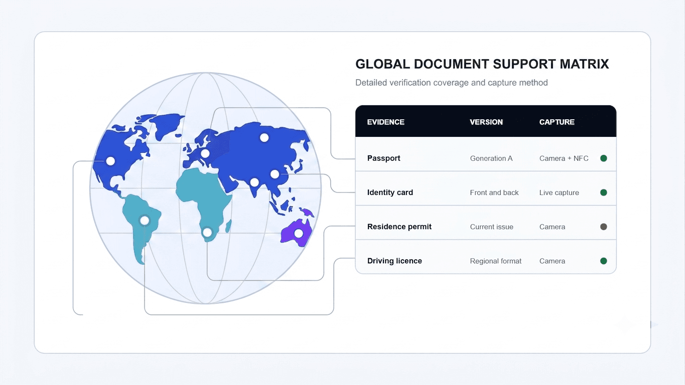 Global identity document coverage for travel and hospitality verification